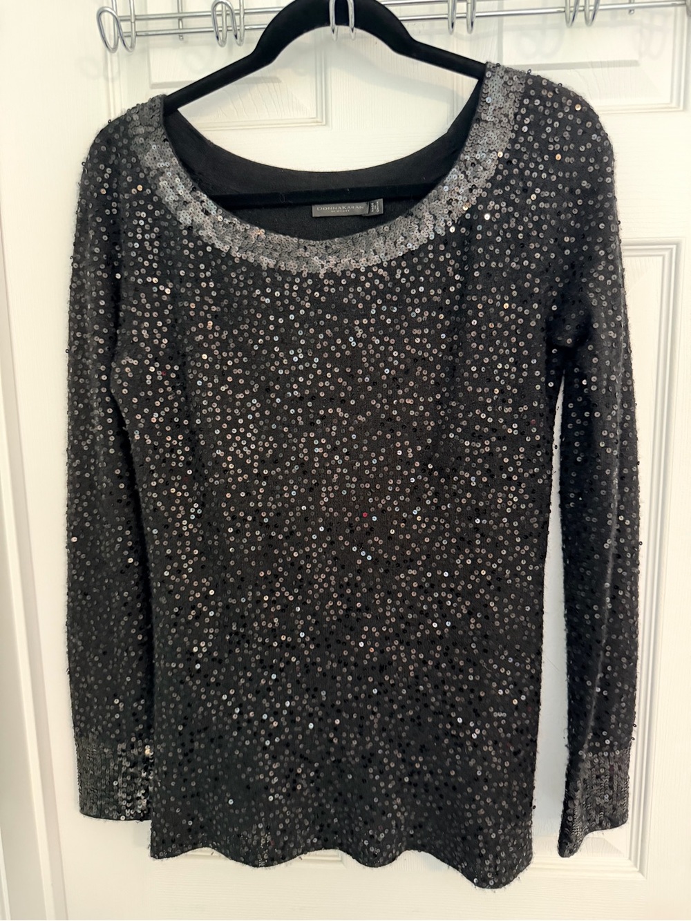 Donna Karan Black Sequin Long Sleeve Scoop Neck Top